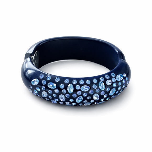 Vintage Navy Crystal Clamper Bangle BraceletLight Sapphire StonesStatement